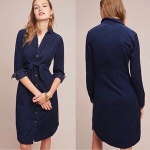 Maeve Anthropologie Tie Front Shirt Dress Blue Corduroy Winchester Size 0
